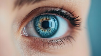 A close-up of a mesmerizing blue eye, showcasing its intricate patterns and textures, with long eyelashes framing the stunning detail.