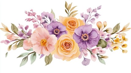 Fototapeta premium This stunning watercolor floral arrangement features vibrant pink, rich purple, and bright orange blooms against a clean white background, ideal for weddings, greeting cards, or spring decorations