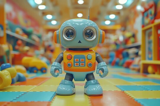 A cute robot toy in a playful toy store setting, with a bright, cheerful atmosphere filled with vibrant colors and engaging playthings.