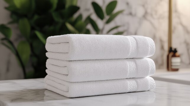 A stack of neatly folded white towels on a countertop, with green foliage and a soft background enhancing the serene and clean atmosphere.