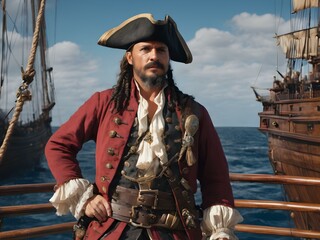 A vector of a pirate captain with a feathered hat, holding a sword, standing on a ship deck