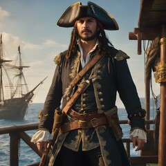A vector of a pirate captain with a feathered hat, holding a sword, standing on a ship deck