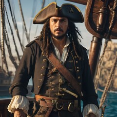 A vector of a pirate captain with a feathered hat, holding a sword, standing on a ship deck