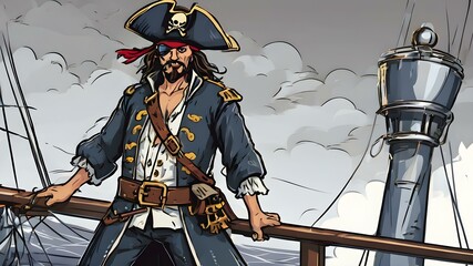 A vector of a pirate captain with a feathered hat, holding a sword, standing on a ship deck