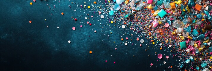 Colorful Microplastic Particles Offset on Chalkboard Background with Space for Copy Text