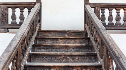 Carved wooden staircase with railings, architectural details © Imsuniyah