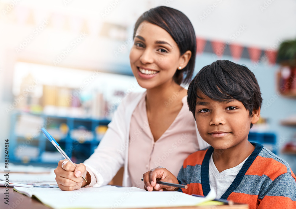 Poster portrait, teacher and child at desk together for help in growth, development and support for writing