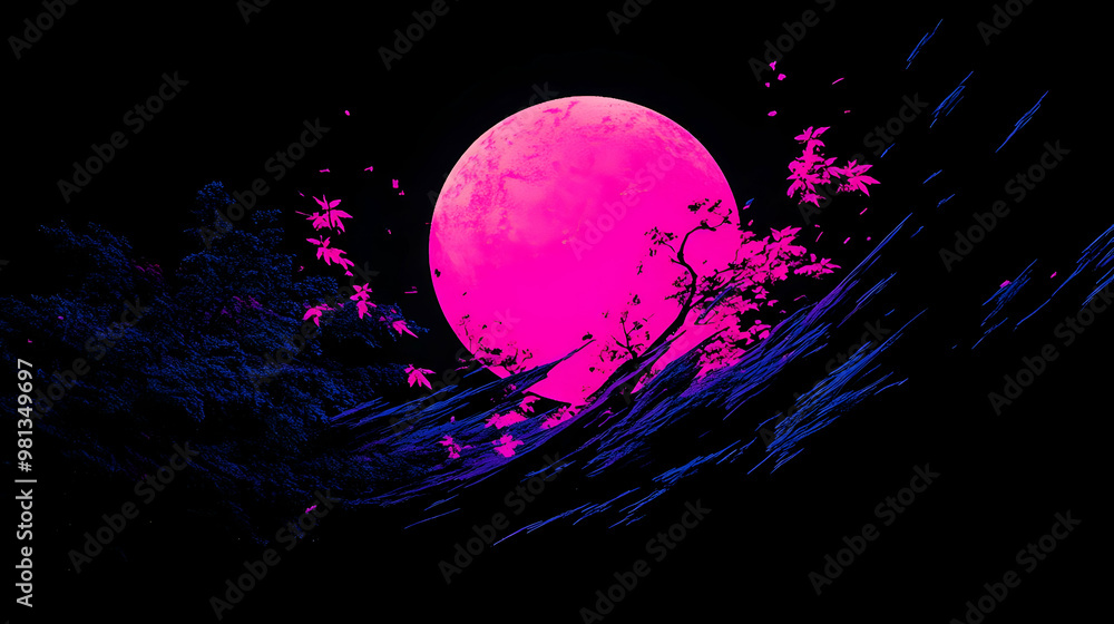 Canvas Prints Pink Moon and Silhouettes: A Nighttime Landscape