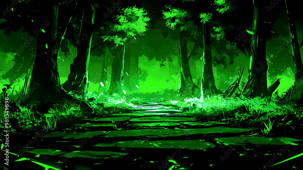 Poster Mysterious Forest Path with Green Glow