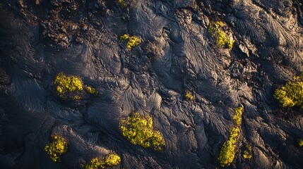 An overhead image of the surface of a recently cooled lava field. 