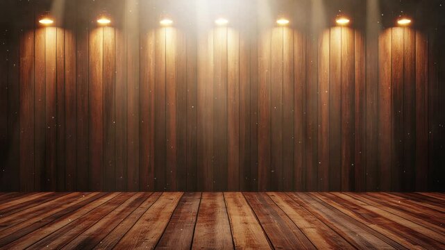 wooden stage - empty country concert hall - organic material podium with  lights
