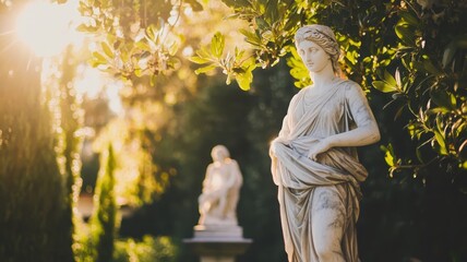 A serene garden scene featuring elegant statues, bathed in warm sunlight, surrounded by lush greenery.