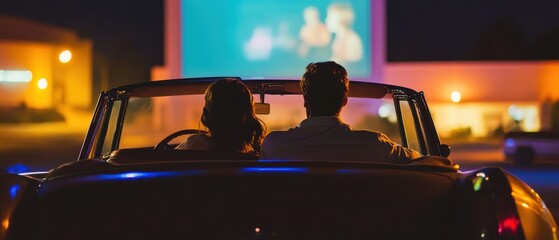 A couple enjoys a romantic night at a drive-in theater, watching a movie under the stars in a vintage car setting.