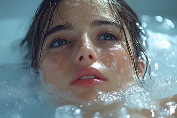 Close-up of a woman’s face with wet hair and water droplets, immersed in a bubbly bath, her blue eyes reflecting the serene light.