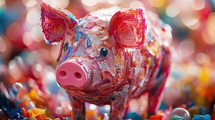 Abstract Colorful Microplastic Mosaic Pig – Plastic Pollution in Human Food Chain