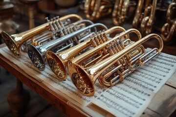 A close-up shot of polished brass and silver trumpets arranged neatly on a wooden table, harmoniously placed over musical sheets.