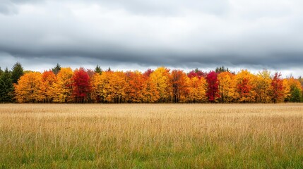 Vibrant autumn landscape showcasing a colorful tree line against a dramatic cloudy sky over a golden field.