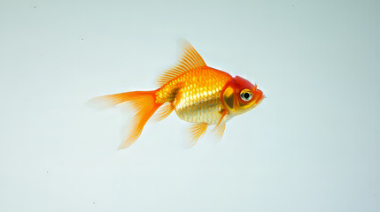 A single goldfish, swimming alone, against a plain white backdrop.