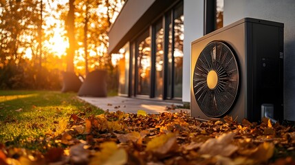 A high-resolution image of an air source heat pump placed outside the house, surrounded by autumn leaves and sunlight filtering through trees