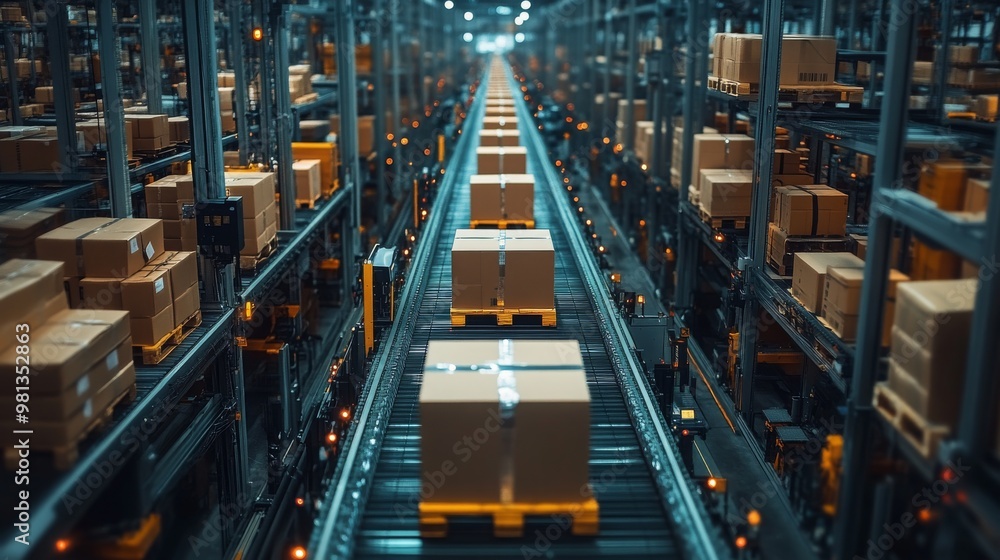Poster efficient automated delivery system in a modern warehouse during daytime operations
