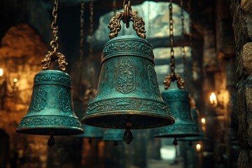 Fototapeta premium A set of ornate, vintage bells suspended in a rustic, dimly-lit environment, highlighting intricate craftsmanship and a mysterious historical charm.
