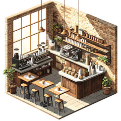 Isometric Coffee Shop with Modern Industrial Design