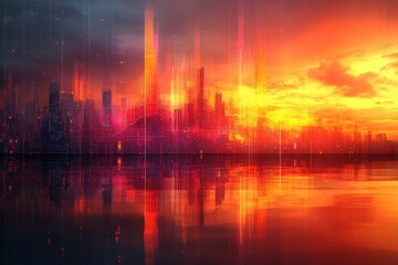 A mesmerizing digital cityscape glows with vibrant hues of red and orange lights reflecting on a serene waterfront at sunset.