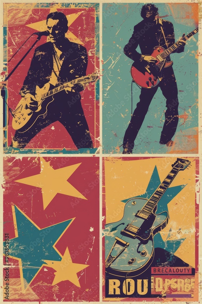 Wall mural Retro music poster artwork featuring electric guitar, acoustic guitar, and drum set in a grunge style.