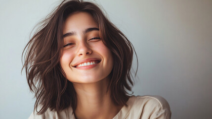 Naklejka premium Smiling young woman with brown hair posing against a white backdrop, displaying her bright white teeth