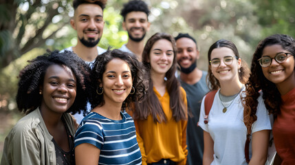 Fototapeta premium Happy group of multiethnic young friends - Diverse people smiling at camera outdoors - Community and unity people concept