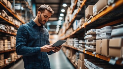 Warehouse manager using digital tablet for inventory check, logistics tech, supply chain management