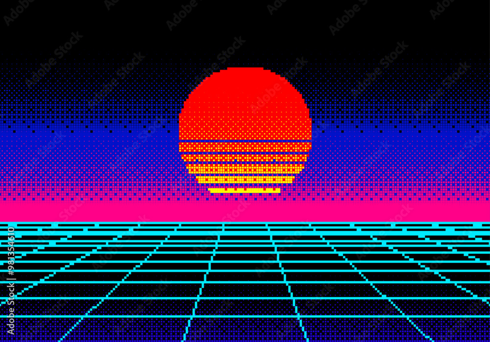 Poster Landscape with pixel sun and wireframe grid of 80s styled retro computer game. Sci-fi background in synthwave style