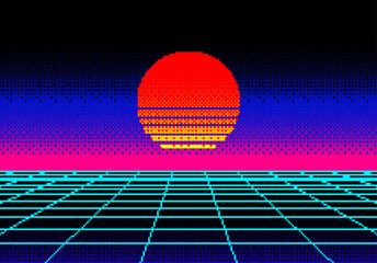 Landscape with pixel sun and wireframe grid of 80s styled retro computer game. Sci-fi background in synthwave style