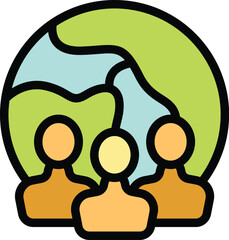 Diverse group of people standing together with a green globe as a symbol of global teamwork