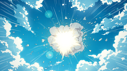 A blue sky background with white clouds, a huge explosion in the center filled with an anime-style cartoon cloud. The comic book style features a simple and colorful drawing style