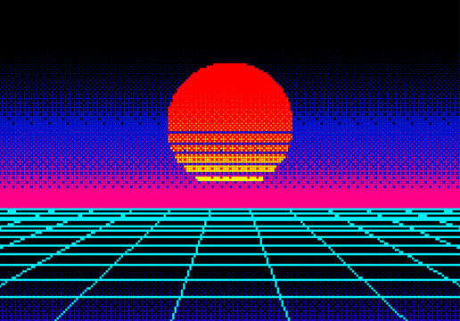 Landscape with pixel sun and wireframe grid of 80s styled retro computer game. Sci-fi background in synthwave style