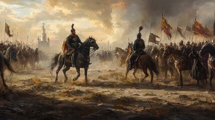 Epic Medieval Battlefield Encounter with Armies Facing Off at Dawn - Ideal for Posters and RPG Designs