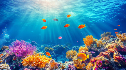 Colorful fish swim around a vibrant coral reef in a tropical ocean. This underwater scene is perfect for snorkeling or diving.