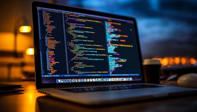 Modern Software Development Environment Laptop Displaying Code in Ambient Lighting at Night