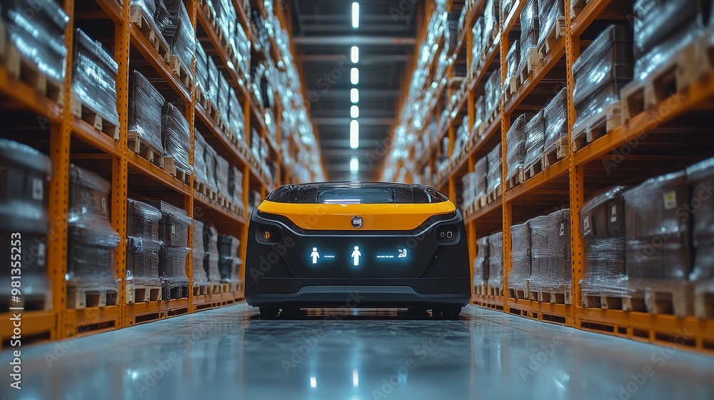 Poster robotic pickers navigating a busy warehouse during operational hours