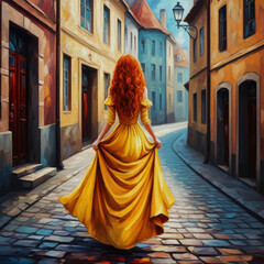 Naklejka premium Beautiful girl in retro town street oil painting art