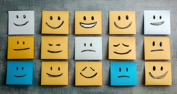 Post-it notes with different happy and sad faces drawn,
symbols for expressing feelings or moods in digital communication design. 
