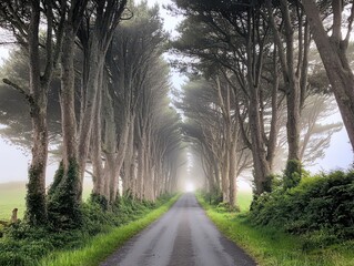 A serene, foggy road framed by tall trees, inviting exploration and evoking a sense of mystery in nature.