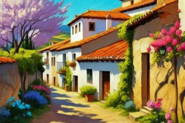 Fototapeta premium Old Spanish small town in spring oil painting art