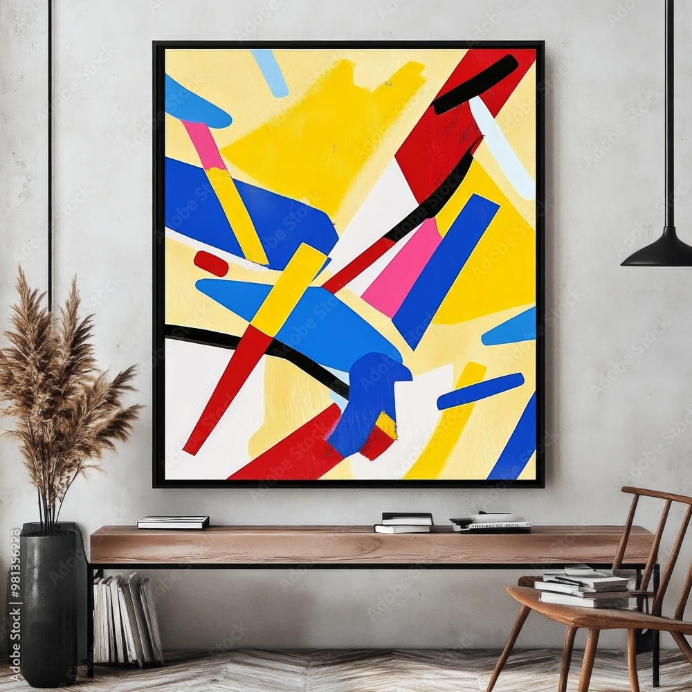 Sticker Abstract painting with geometric shapes in bright colors.