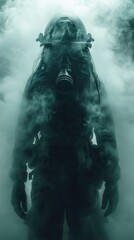 Fototapeta premium the man in the smoke mask, standing in the smoke, dark, design scene