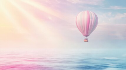 A serene scene featuring a pastel-colored hot air balloon floating above calm waters under a bright sky.
