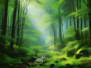 Beautiful Mystical Impressionist Forest Illustration.