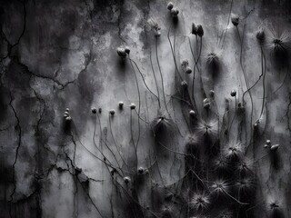 Black and white background, Image of a cracked wall with grass, , Abstract image of a collapsed wall and grass.