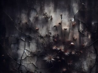 Black and white background, image of a cracked wall with grass.